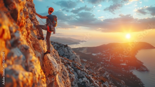 Man climbing Battert rock during sunset generated AI