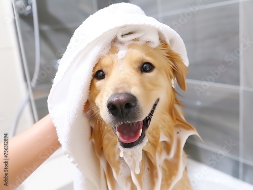 man washes a dog in a foam bath in the interior