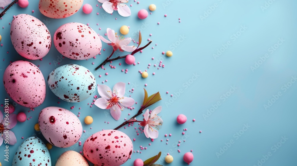 Easter decoration colorful eggs on blue background with copy space. Beautiful colorful easter eggs. Happy Easter. Isolated.	