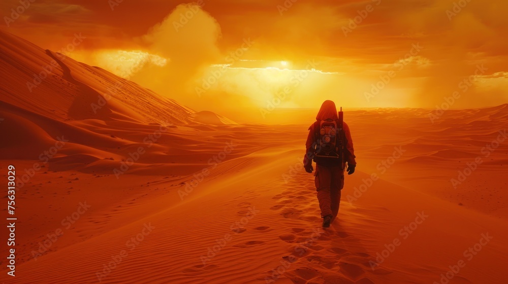 Walking in desert. Beautiful sunset over the sand dunes in the Sahara desert