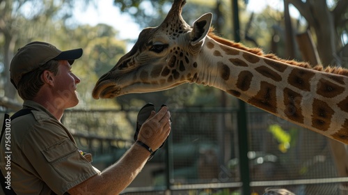 Giraffe portrait in zoo  close-up of long neck  natural habitat  with brown spots  large face  resembling Camellopardalis  Saifari Park
