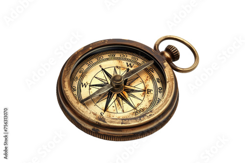 An aged brass compass rests elegantly on a pristine white background