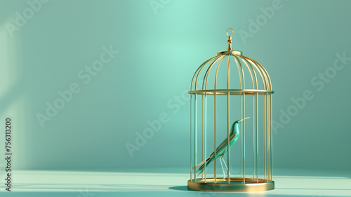 Bird in cage on blue background