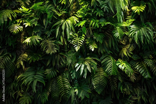 A lush green wall of ferns and palm trees  perfect for a tropical themed event or a modern home decoration Generative AI
