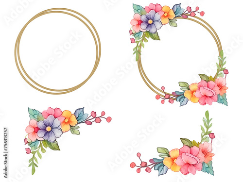 Floral Frames Double Watercolor Gold Round Flower Frame Corner Border Pastel Colors photo