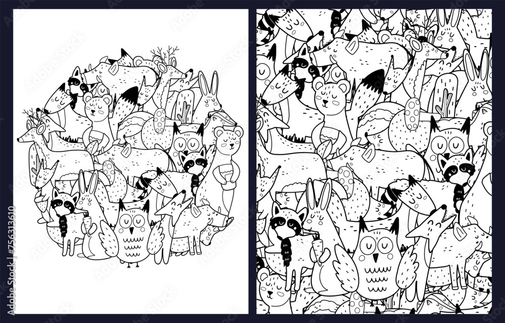 Obraz premium Cute forest animals coloring pages set. Black and white templates bundle with funny woodland characters. Outline background. Vector illustration
