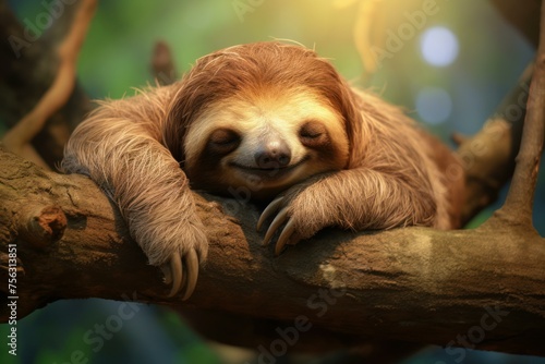 Relaxed Sleeping sloth on branch. Wildlife animal forest tropical mammal. Generate Ai