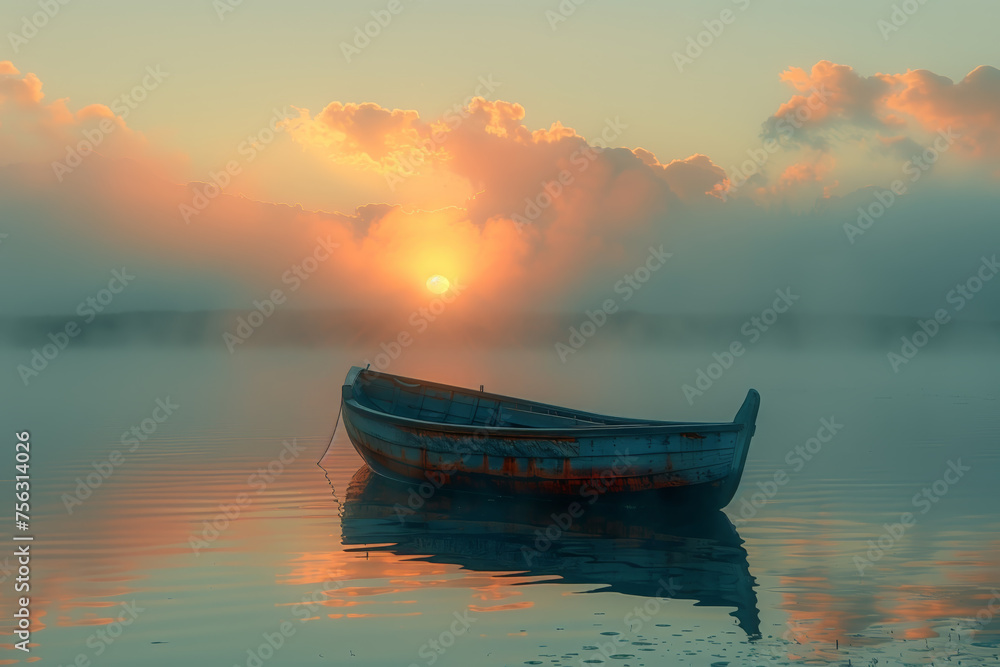 Boat on a calm lake under radiant sunrise clouds Boat on a calm lake under radiant sunrise clouds
