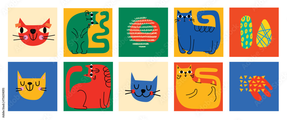 Fototapeta premium Abstract Graphic Elements set in Minimal Trendy Style. Hand drawn doodle cats, spots, drops, curves, lines for creating patterns, Invitations, posters, cards, social media posts