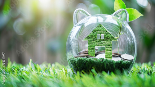 Saving to buy a house or home savings concept with grass growing in shape of house inside transparent piggy bank. Generative AI