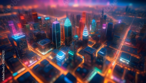 A city at night with tall buildings, neon lights, and a blurred horizon