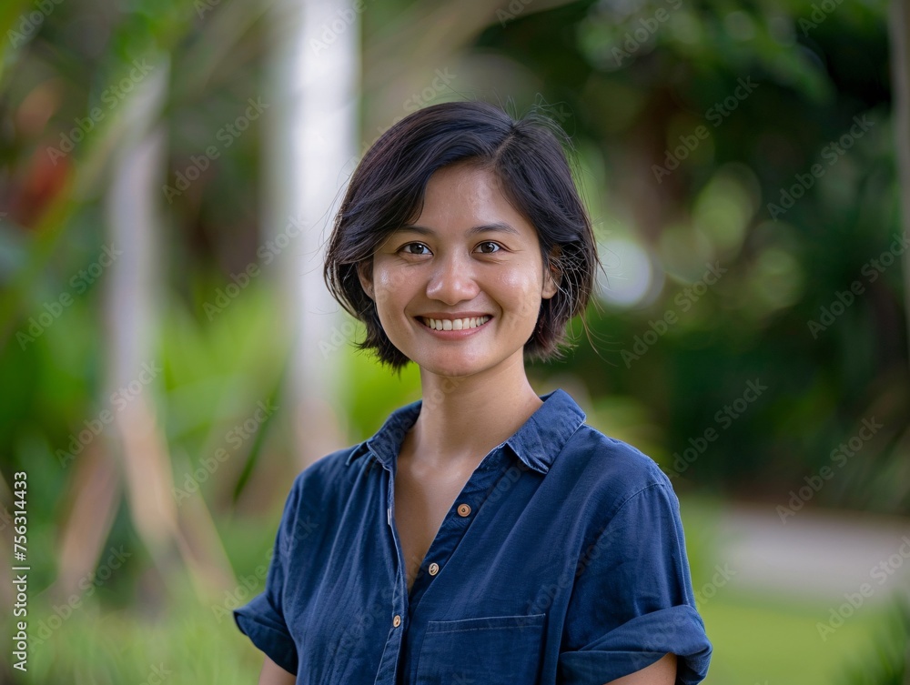 Smiling Woman in Blue Shirt and Button-Up Top Generative AI Smiling Woman in Blue Shirt and Button-Up Top Generative AI