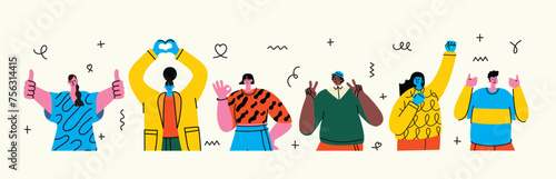 Happy positive people. Man and woman team gesturing with hands, fingers. Love, support, solidarity, ok expressions. Flat graphic vector illustration isolated on white background