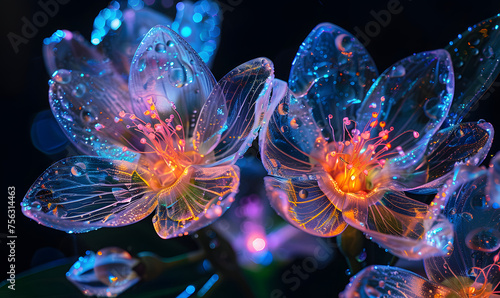 Neon flowers at rainy night, Generative AI  © simba kim
