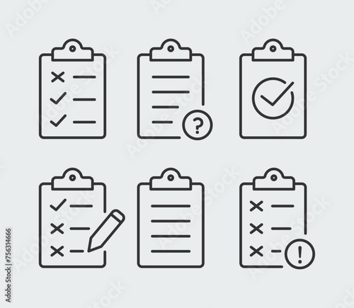 Checklist on the clipboard. Clipboard symbol set. Checkmarks and refuse line icons. Document, question and exclamation mark, pencil, to do symbol. Checklist or tasks icon set. Clipboard outline icons 