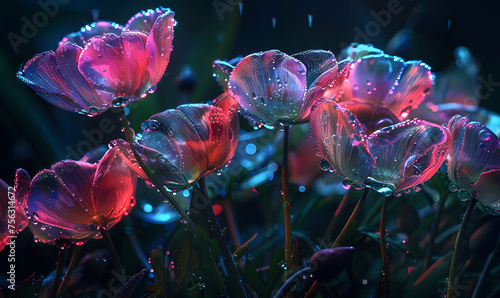 Neon flowers at rainy night, Generative AI  photo