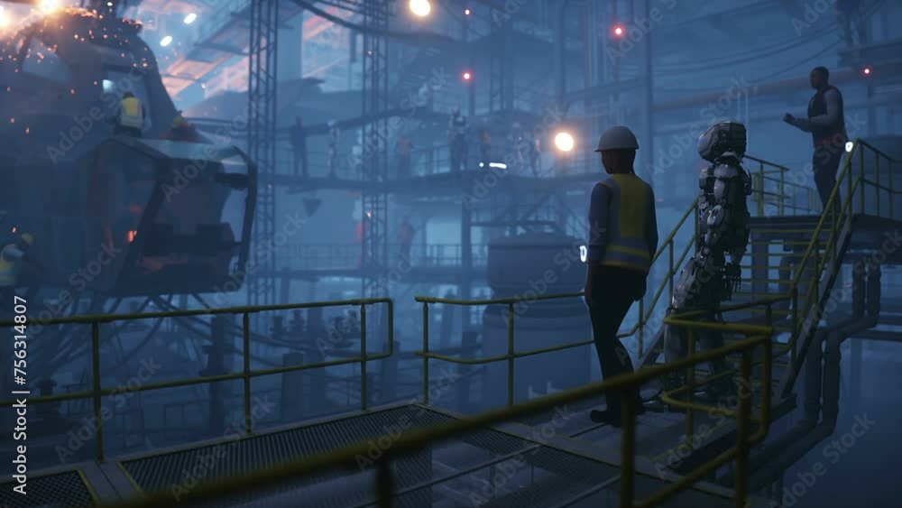 Production of military futuristic ship at the factory. People and robots Future concept. Realistic 4k animation. Production of military futuristic ship at the factory. People and robots Future concept. Realistic 4k animation.