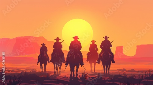 Ride the Wave A Group of Cowboys Riding Horses in the Sunset Generative AI