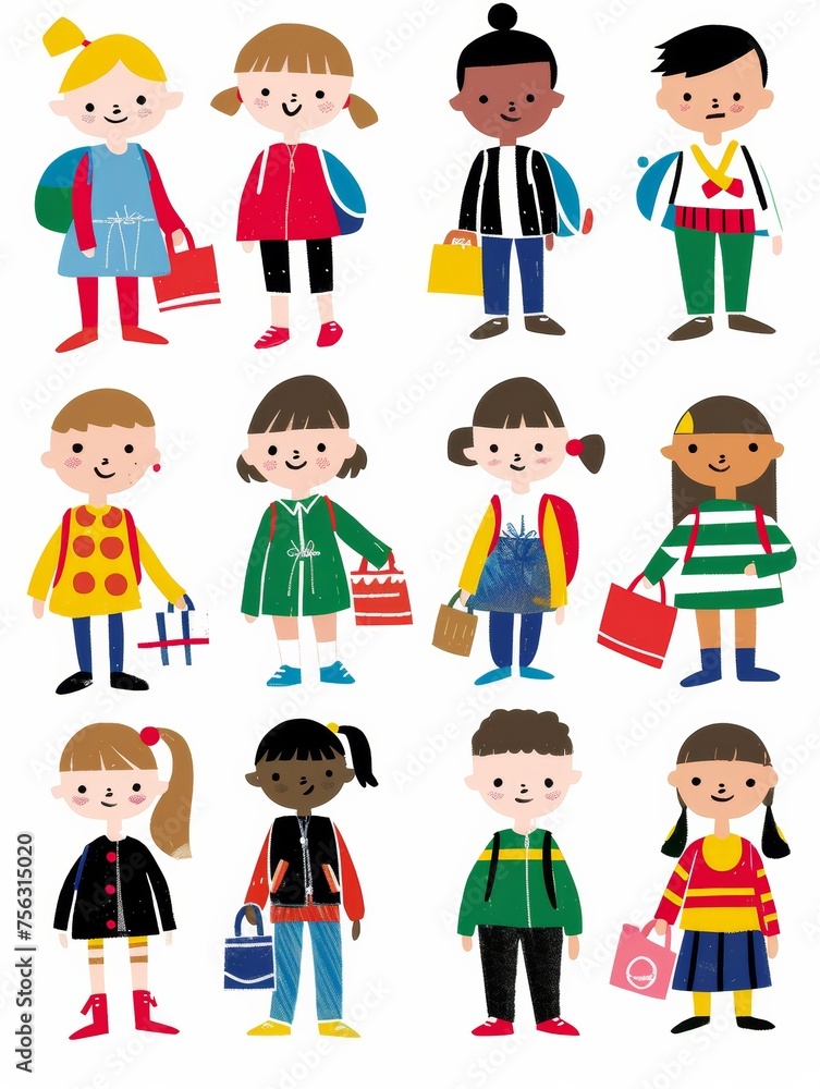 Happy kids cartoon collection. Multicultural children in different positions isolated on white background Happy kids cartoon collection. Multicultural children in different positions isolated on white background
