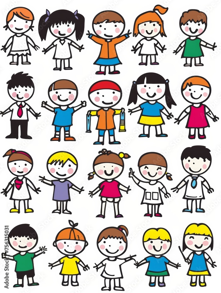 Happy kids cartoon collection. Multicultural children in different positions isolated on white background Happy kids cartoon collection. Multicultural children in different positions isolated on white background