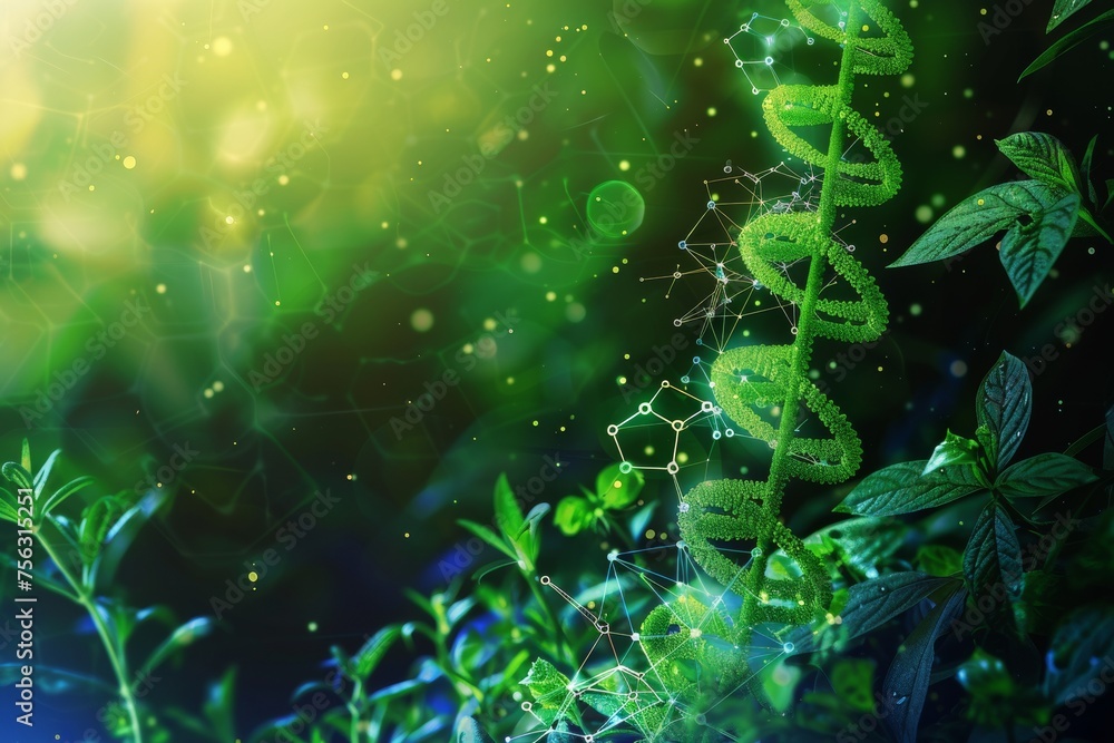 Biology laboratory nature and science, Plants with biochemistry structure and chemical formula on green background. Biology laboratory nature and science, Plants with biochemistry structure and chemical formula on green background.