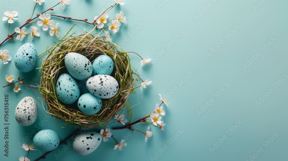 Easter decoration colorful eggs on blue background with copy space. Beautiful colorful easter eggs. Happy Easter. Isolated.	