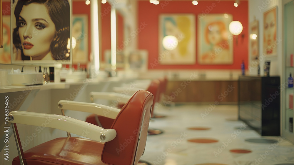 Vintage hair salon from the 60's,70's,80's. Background without people. Blurred interior of a barbershop. Blurred background