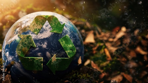 Artistic blend of a texturized recycle emblem with Earth, surrounded by nature elements