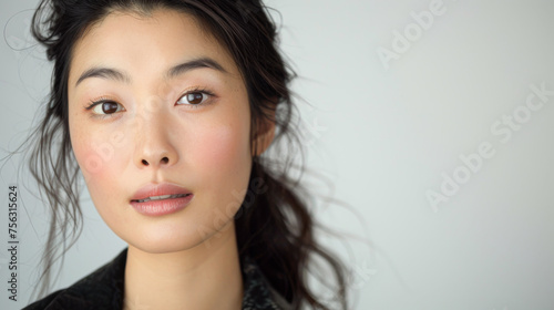 Close up of beautiful studio portrait of young, stylish, beautiful asian woman, long hair, looking at camera with confidence on white background