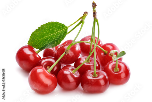 Fresh cherries with green leaves. Isolated on white background.