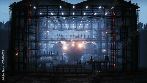 Production of military futuristic ship at the factory. People and robots Future concept. Realistic 4k animation. photo