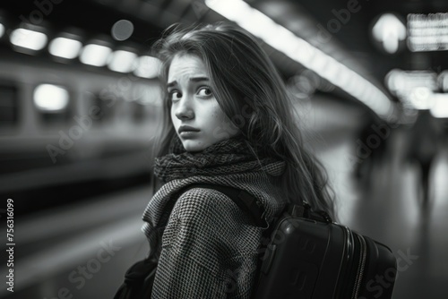 On a train platform, a contemplative young woman in winter attire waits, train tracks stretching behind her.