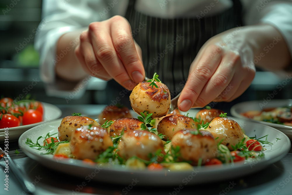Chef garnishing scallops with precision Chef garnishing scallops with precision