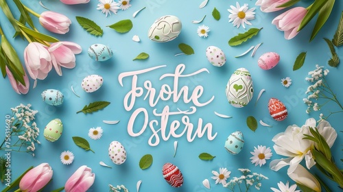 Frohe Ostern - Happy Easter in German. Abstract background with painted Easter eggs and flowers. Easter concept background.