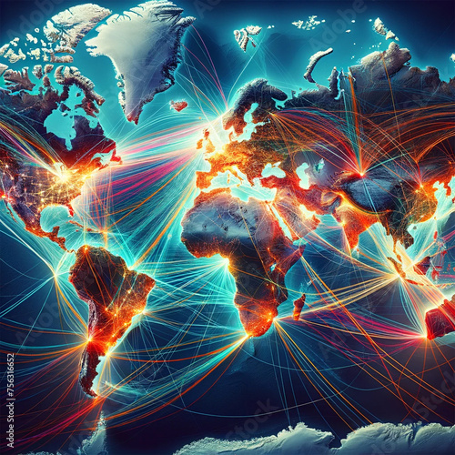 Global Connectivity and Network Data Exchange,A vibrant depiction of global connectivity, with bright lines crisscrossing a world map, ..