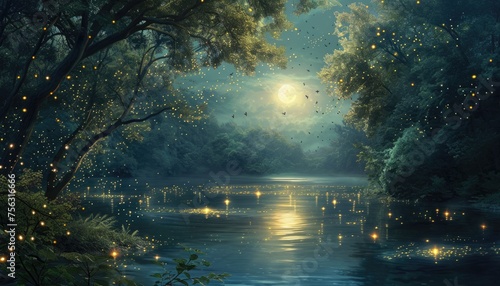 Enchanting riverside with dancing fireflies, casting a soft glow on trees, foliage, and the rising moon 🌿🌌🌕