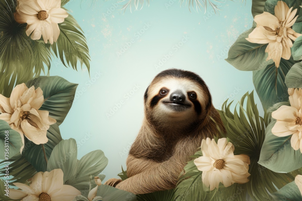 Obraz premium Lazy Sloth animal funny. Face wild smile. Generate Ai