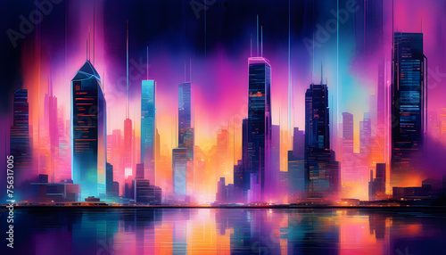 A digital watercolor painting of a futuristic cityscape with neon lights and data streams