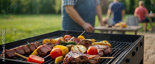 SMALL RECANGLE NEW barbecue pit on the backyard. Meat and vegetable cooking on the grill. Focus on the food. Some people in the background.
 photo