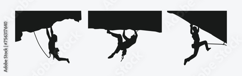 Vector set silhouette of climbing sport, mountain rock climber. Extreme sport concept. Isolated background. Vector illustration.