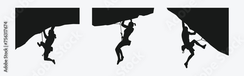 Vector set silhouette of climbing sport, mountain rock climber. Extreme sport concept. Isolated background. Vector illustration.