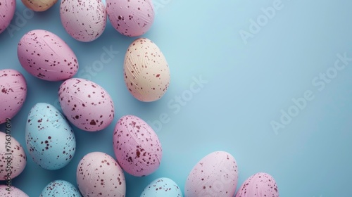 Easter decoration colorful eggs on blue background with copy space. Beautiful colorful easter eggs. Happy Easter. Isolated. 