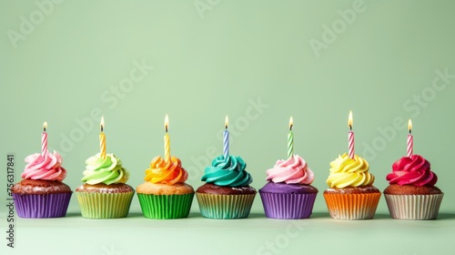 Colorful happy birthday cupcakes with candles