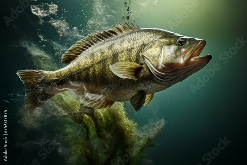 Tiny Small bass taking off river. Nature fish animal catch closeup. Generate Ai © juliars