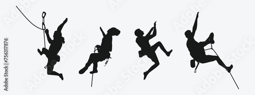 Vector set silhouette of climbing sport, mountain rock climber. Extreme sport concept. Isolated background. Vector illustration.