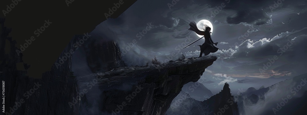 a long haired figure swings his sword as him loosing balance, falling off the cliff, dark night on cliff top, ancient China setting - obrazy, fototapety, plakaty 