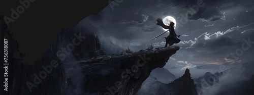 a long haired figure swings his sword as him loosing balance, falling off the cliff, dark night on cliff top, ancient China setting photo