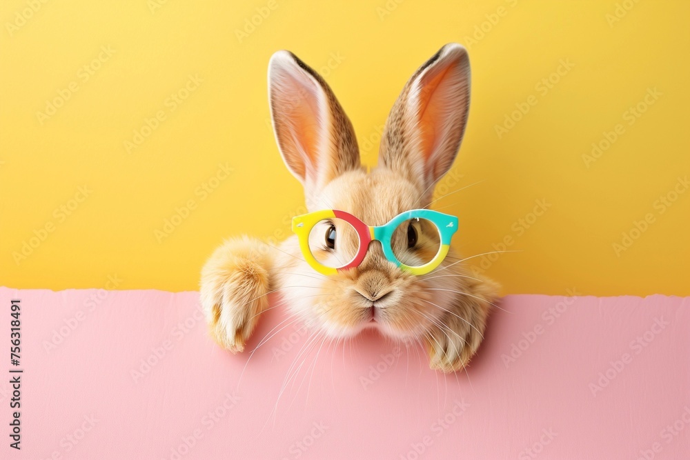 Obraz premium Easter bunny peeps out of the pink wall.