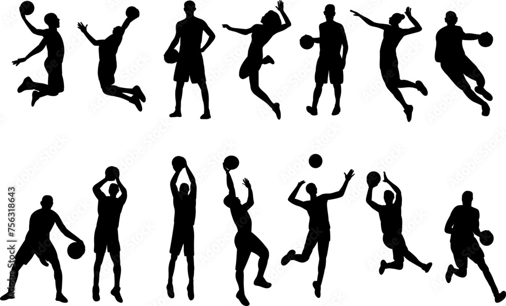 basketball players, men playing basketball, set, collection, vector, silhouette