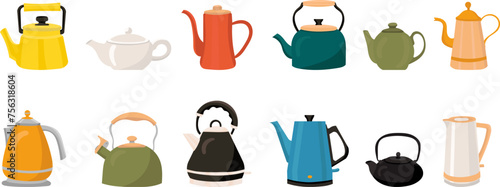 set of teapots in flat style, vector